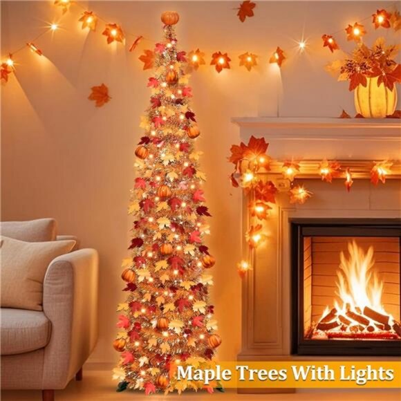 5 FT Fall Tree Fall Decor, Pop Up Tinsel Maples Tree with Timer 50 Warm White - Picture 6 of 7
